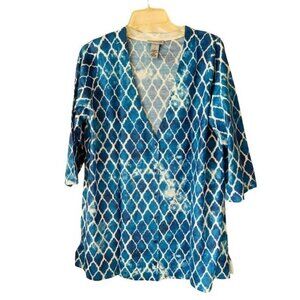 NWOT CATHERINES Women's Blue White Geometric 3/4 Sleeve Button Cardigan Sweater